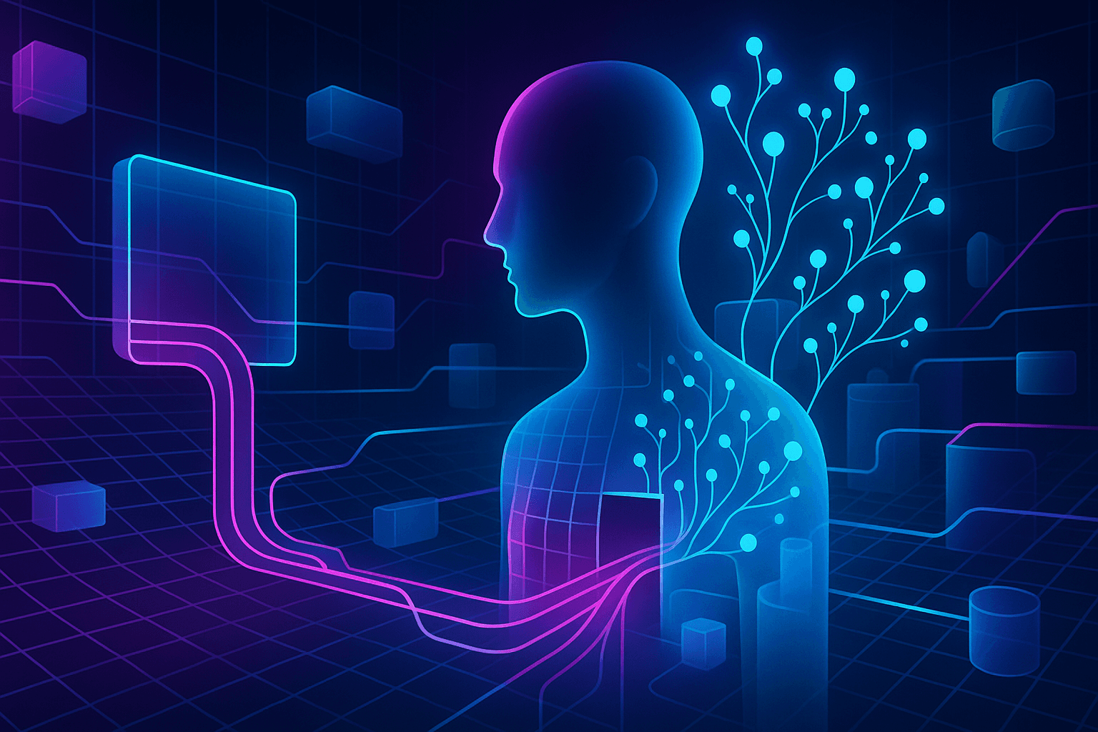 A glowing digital human silhouette connected to branching data structures