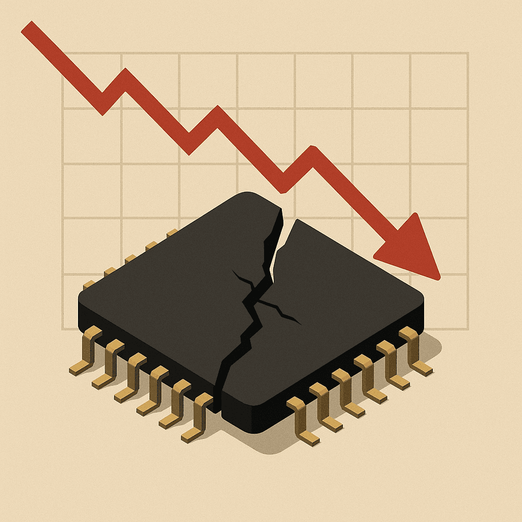 A cracked computer chip beneath a descending red line