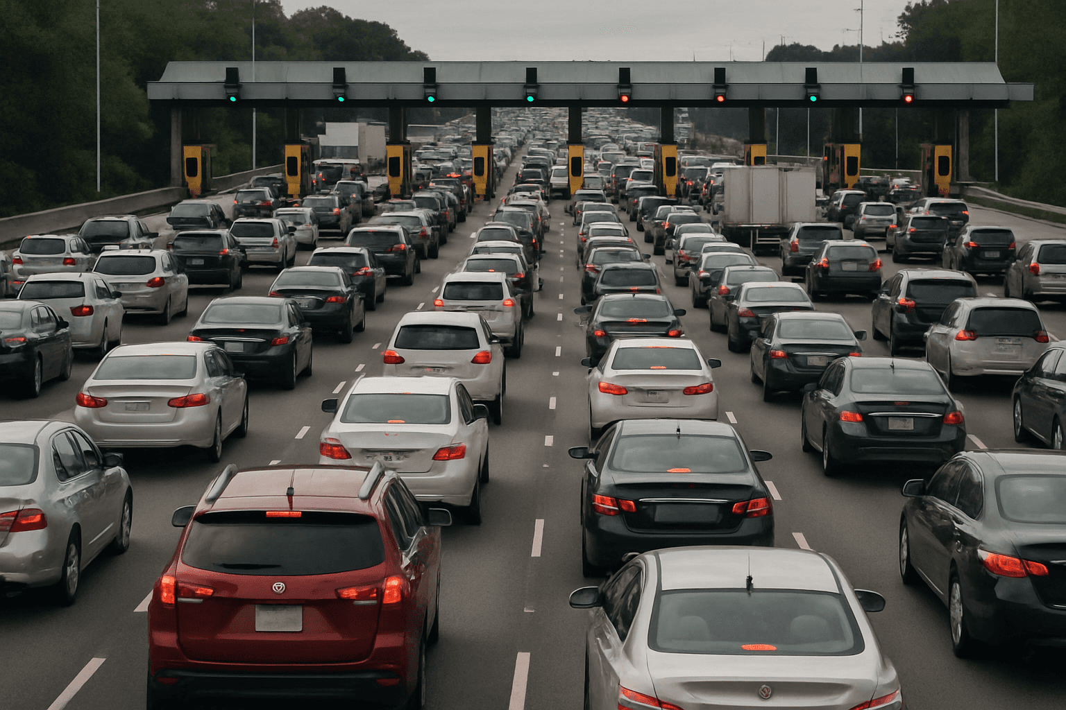 Heavy traffic backing up at a highway toll plaza