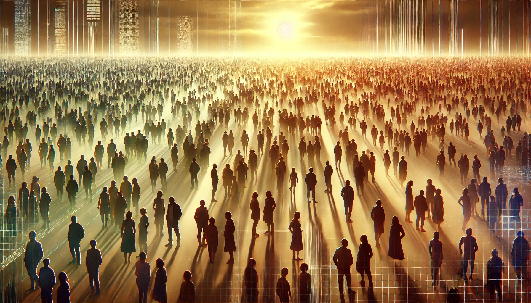 A large crowd of people in a luminous digital landscape