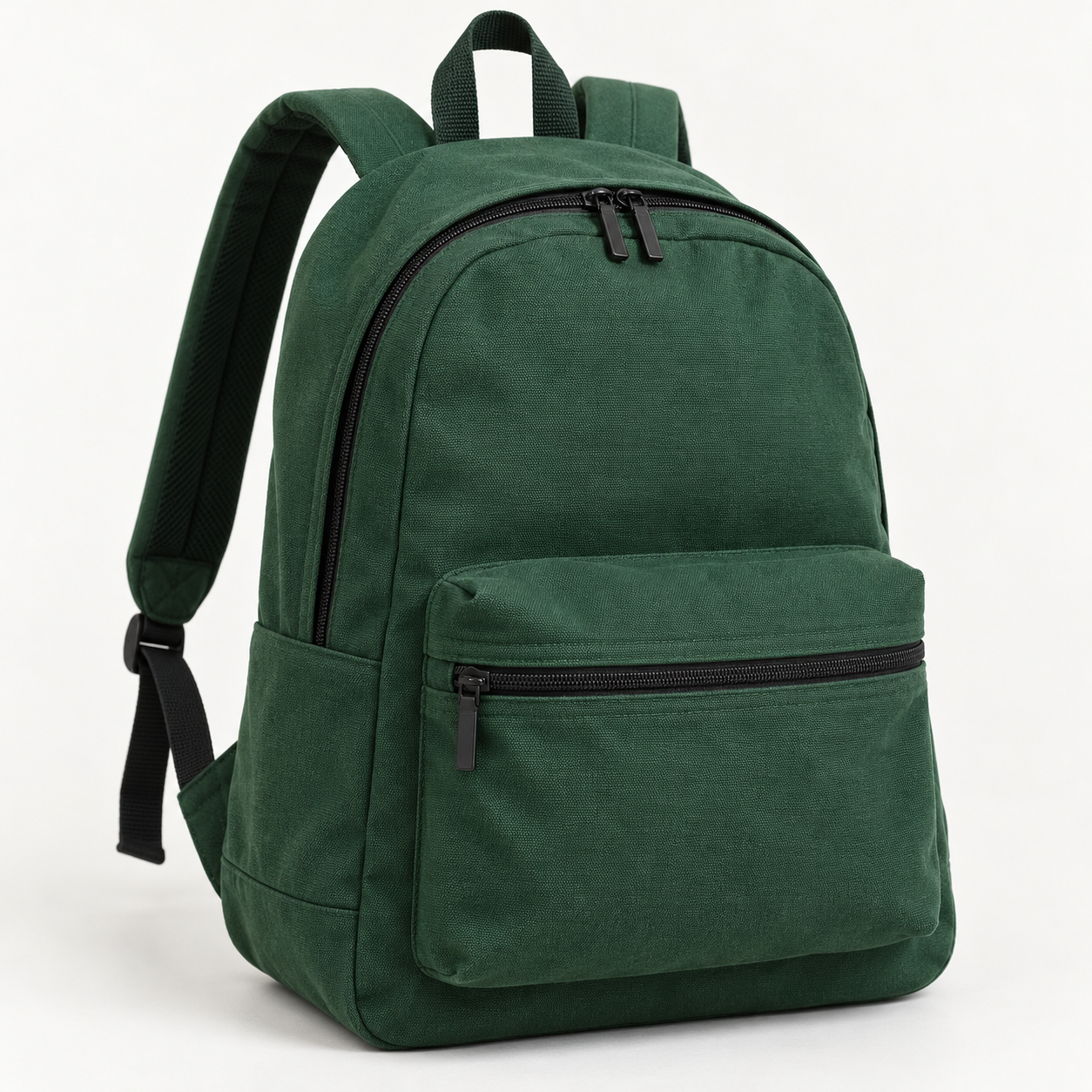 Forest-green canvas backpack with a front zip pocket on a neutral studio background